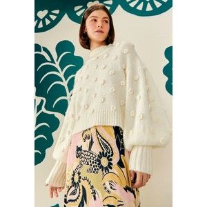 Farm Rio White Handmade Flowers Sweater M Floral Applique Puff Sleeves Knit New